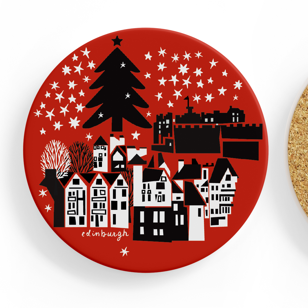 Edinburgh Christmas Ceramic Coaster (Red)