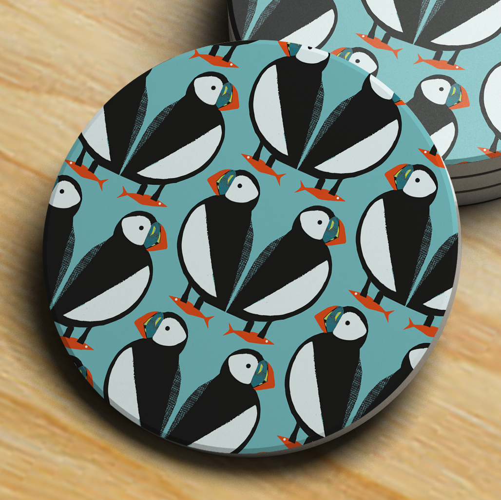 Puffin Pattern Ceramic Coaster