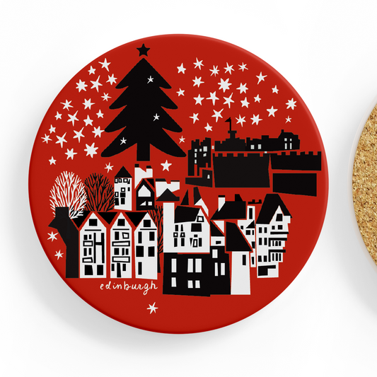 Edinburgh Christmas Ceramic Coaster (Red)